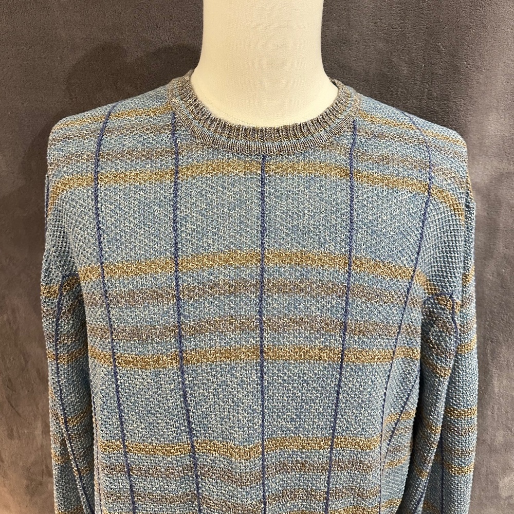 New Henry Jacobson, size Lg, blue/multicolor plaid 100% linen sweater